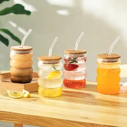 YWD 1/2/4PCS Glass Cup with Lid Straw Heat-resistant Wave Cup Beer Juice Ice Coffee Cups Cocktail Fruit Glass Drinkware