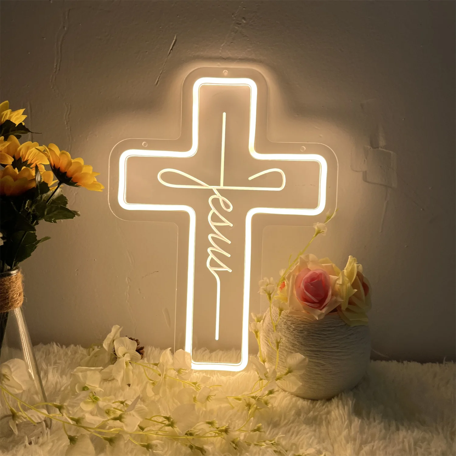 Jesus Cross Neon Sign with Script for Church Home Prayer Room Decor Religious LED Wall Art Faith Themed Spiritual Gift