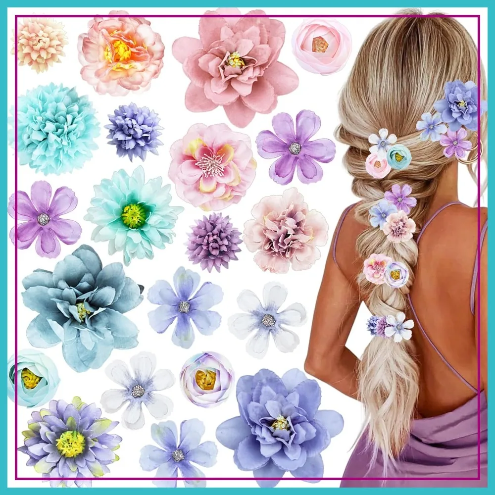21 PCS Silk Flower Hair Clips for Women Girls, Boho Barrettes Hawaiian Floral Headpiece Purple Blue