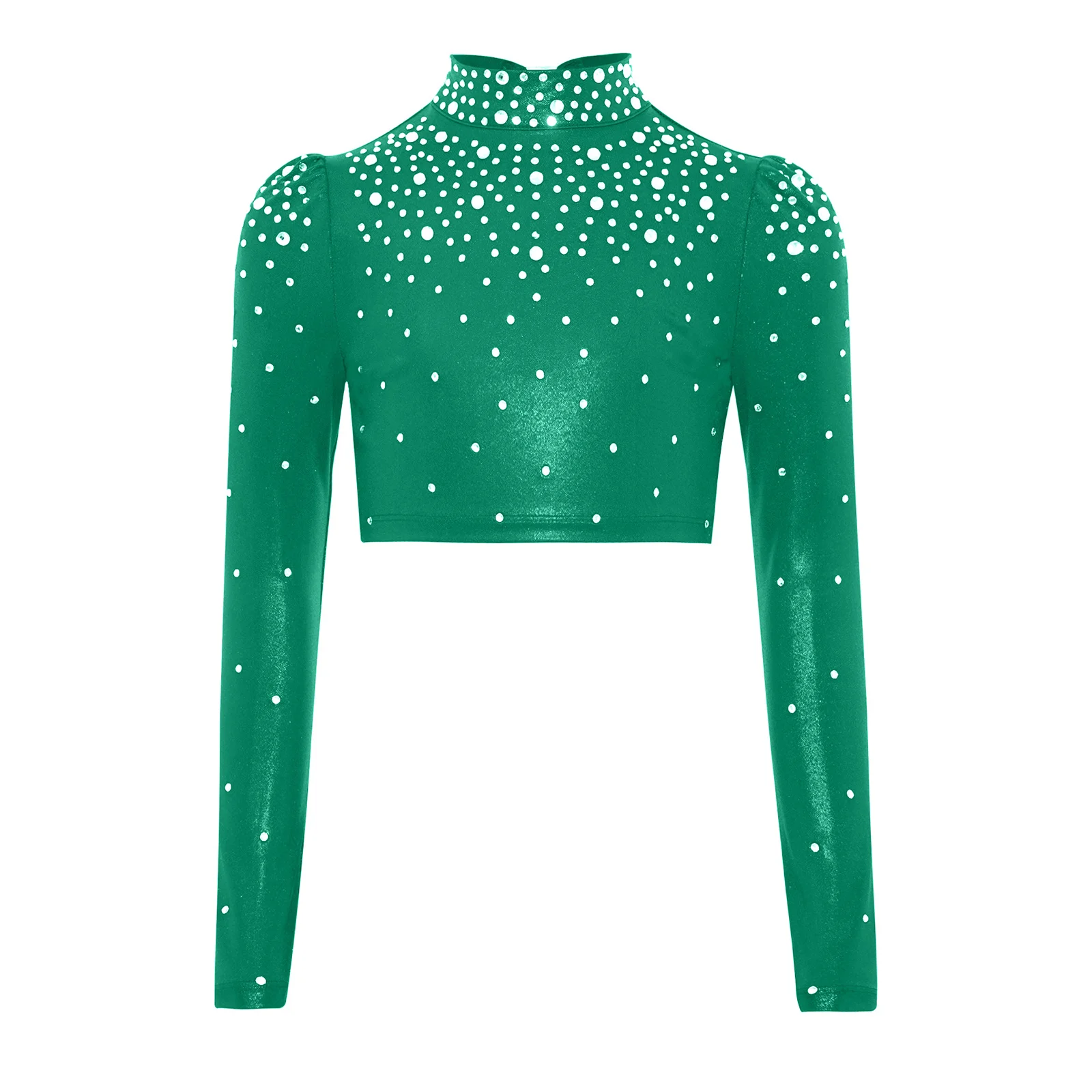 

Kids Girls Jazz Dance Top Mock Neck Long Sleeve Keyhole Back Sparkling Rhinestones Metallic Crop Top Ballet Performance Costume