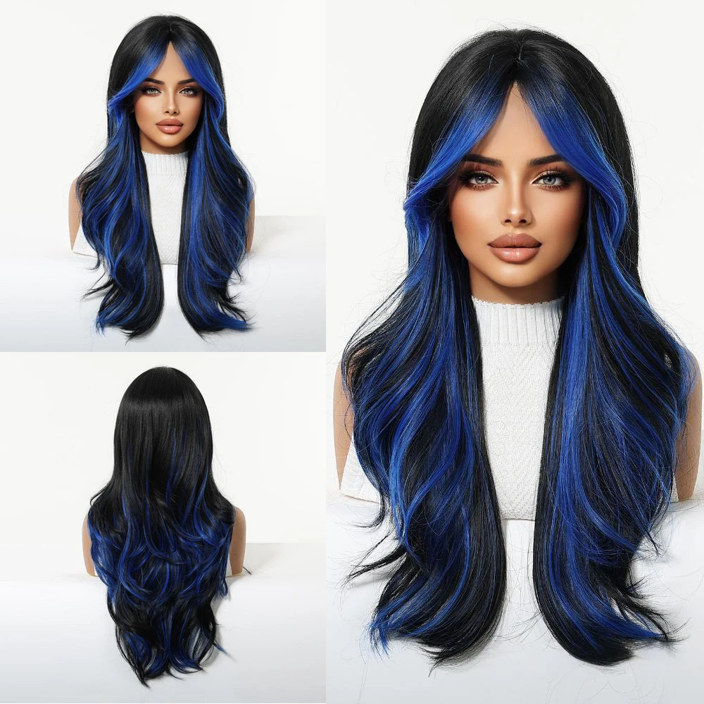 يسلط الضوء على الشعر الاصطناعي باللونين الأسود والأزرق مقاس 24 بوصة مع تجعيد مموج، ومقاومة للحرارة الطبيعية، ومناسبة للحفلات اليومية النسائية