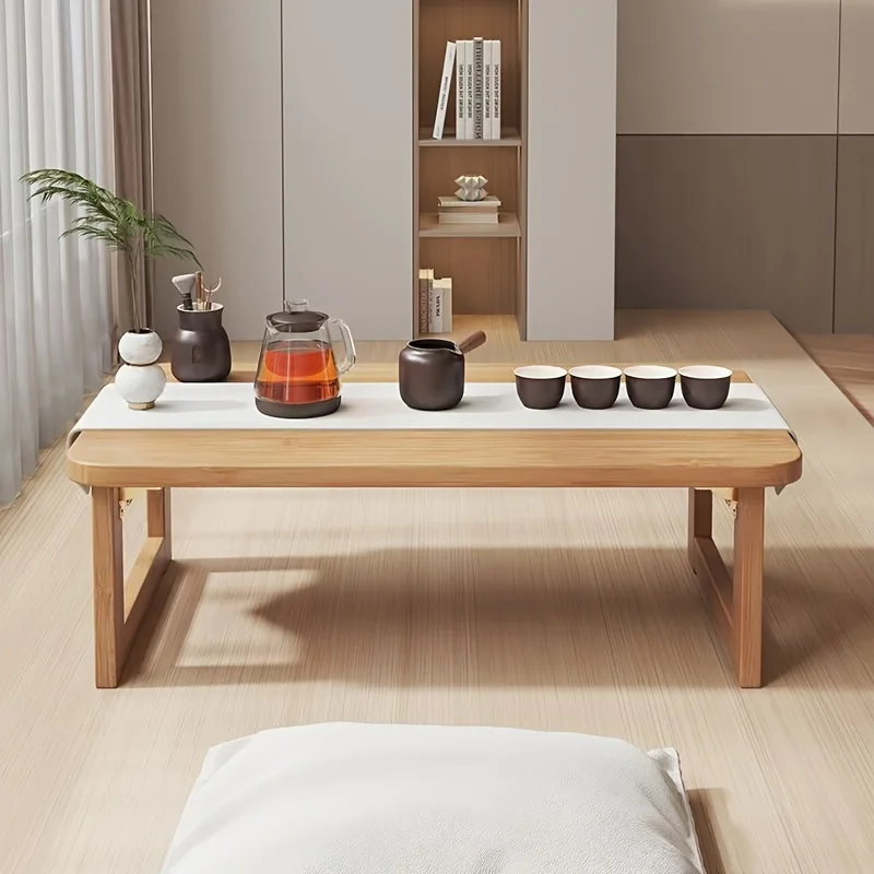 Mesa Auxiliar Plegable Portátil con Tablero de Bambú y Marco de Madera, Minimalista, Ahorra Espacio, Mesa de Centro Multifuncional para Interiores