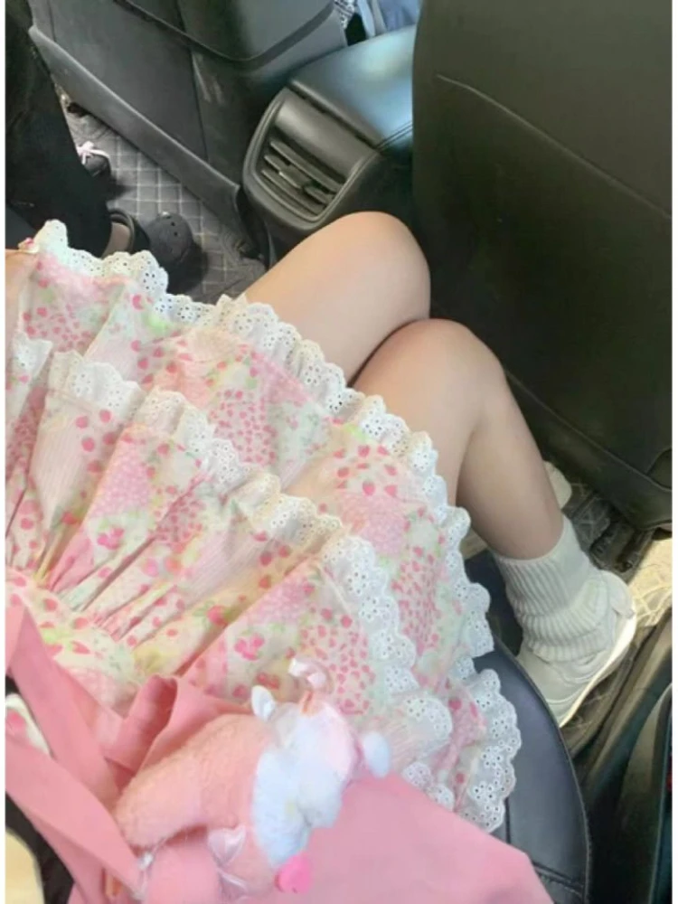 Japońskie spódnice Kawaii Kobiety 2000s Vintage Y2k Odzież Różowa A-line Slim Lolita Mini Spódniczki Słodkie Koronkowe stroje z wysoką talią Lato