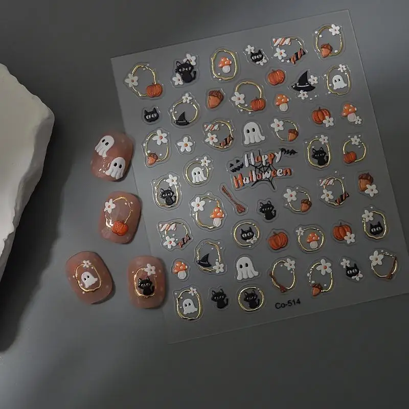 Halloween Nail Stickers Self‑Adhesive Nail Decals With Ghost Pumpkin Cat Mushroom Patterns Gold‑Trim Manicure Slider 5D Embosse