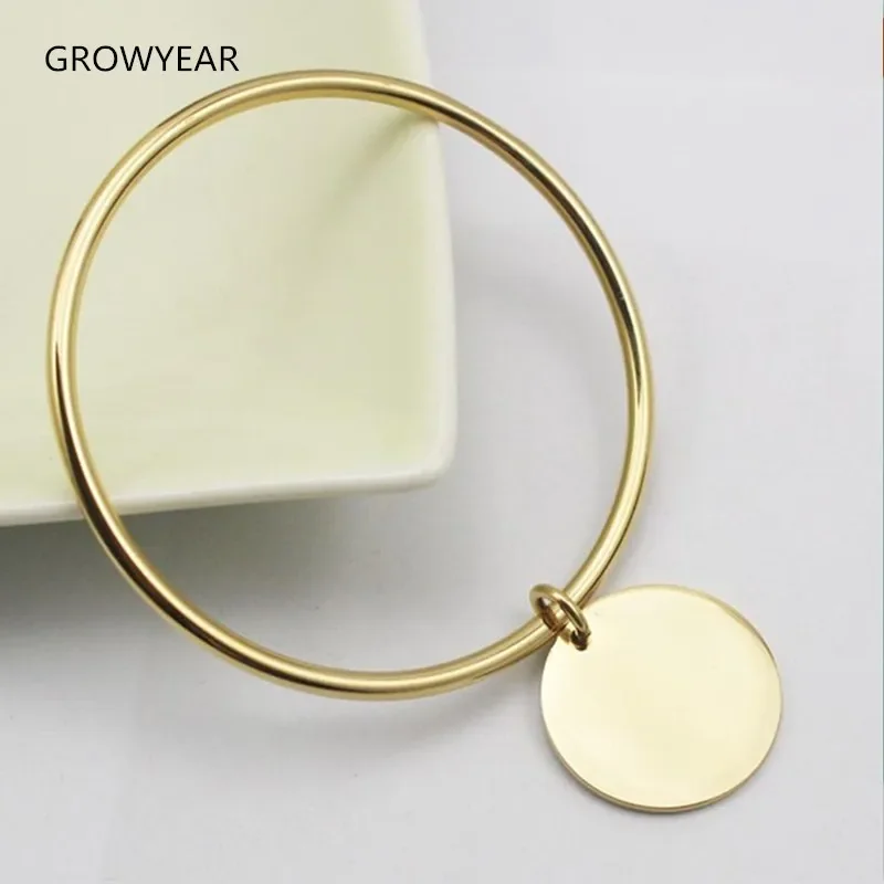 Classic Round Golden Charm Bangle Bracelet Stainless Steel Women Fashion Jewelry Gold Color