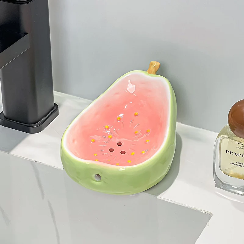 Colorful Guava Shaped Ceramic Soap Dish with Drainage Tray for Bathroom Sink Creative Home Decor Organizer
