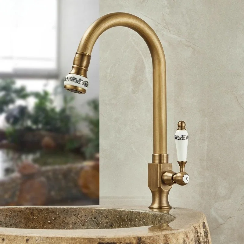 Outdoor Antifreeze Faucet Antique Brass Balcony Wash Basin Single Cooling Faucet Vanity 360°Swivel Rotate Spout Only Cold Tap