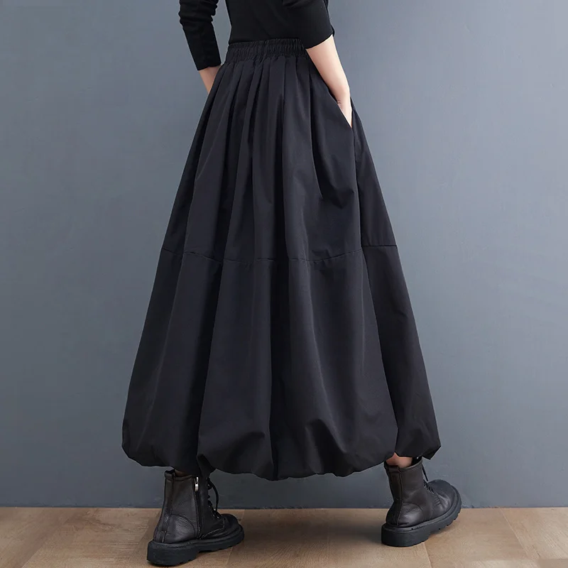 #3021 Spring Black A-line Skirt Women Pockets Long Tulle Skirt High Waisted Midi Skirt Female Loose Vintage Gothic Skirt Ladies