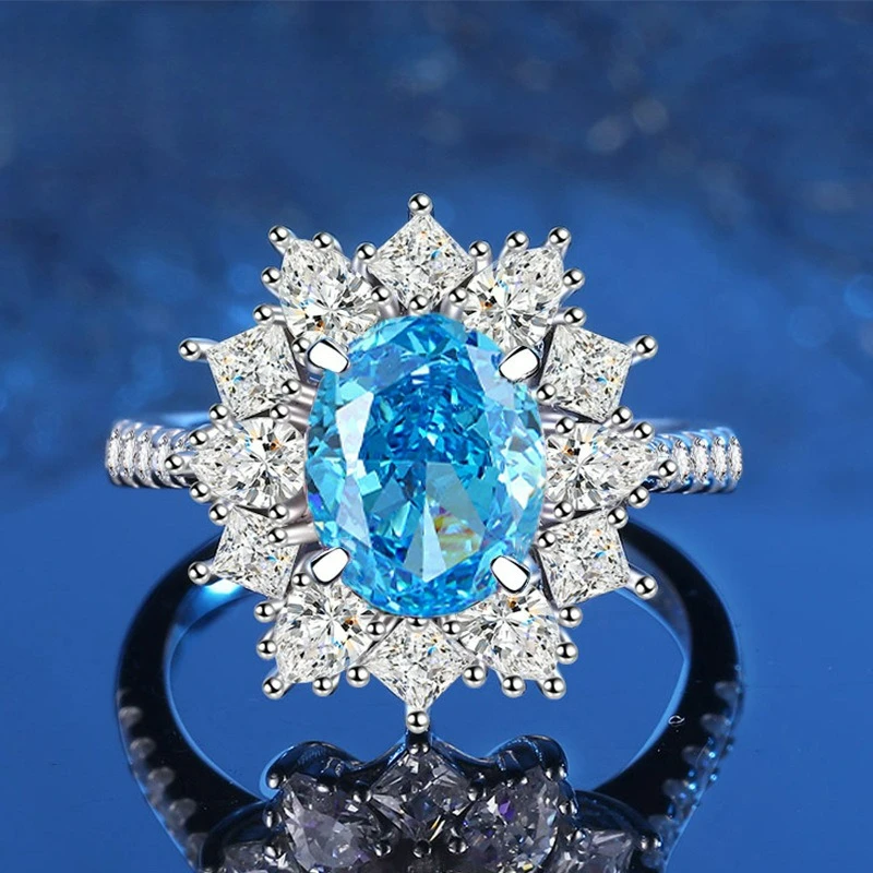 

PT950 Платиновое новое персонализированное кольцо Женский роскошный комплект с ледяным цветком и огранкой с бриллиантом Розовое морское синее золотое женское кольцо