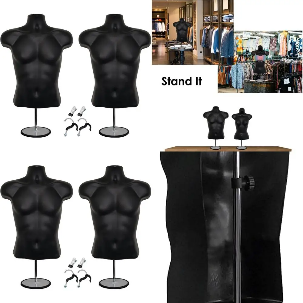 

Black Male Mannequins Set with Clothes Clips, Metal Stands, Poles, and Hooks, S-M Sizes