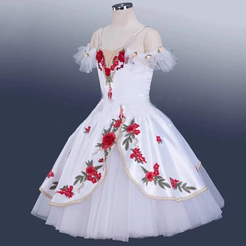 

White Awakening Of Flora Romantic Tutu Long Professional Ballet Dance Tutu Dress For Grils Performance Competition Costumes