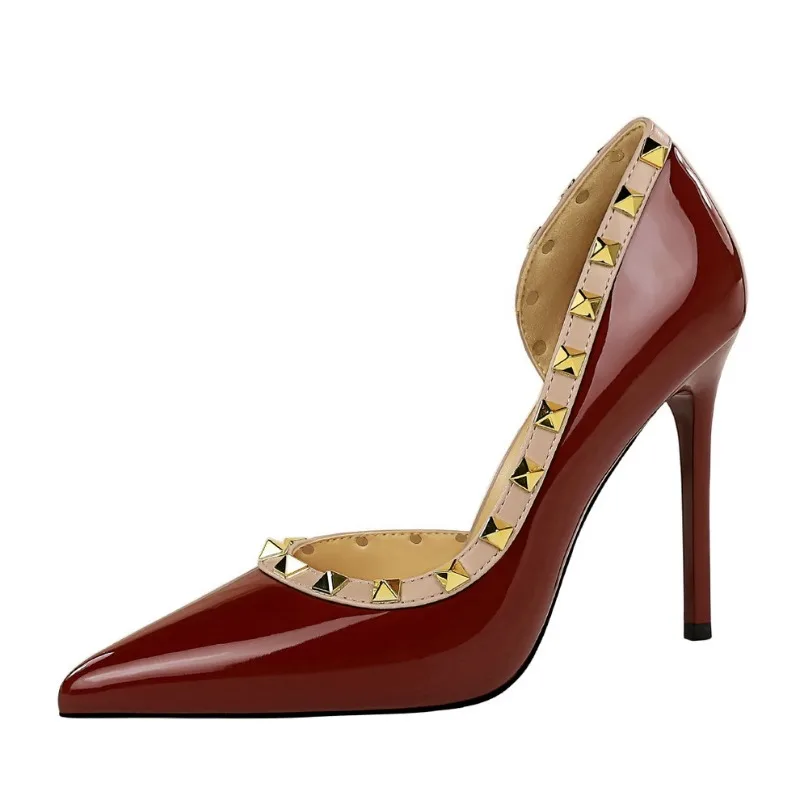 

Women's side empty rivet thin heel shoes patent leather gloss super high heels women's shoes