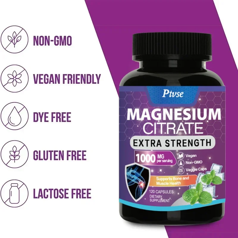 Magnesium Citrate Capsules 1000 Mg - Maximum Absorption for Muscle, Nerve, Bone and Heart Health Gluten Free, Non-GMO