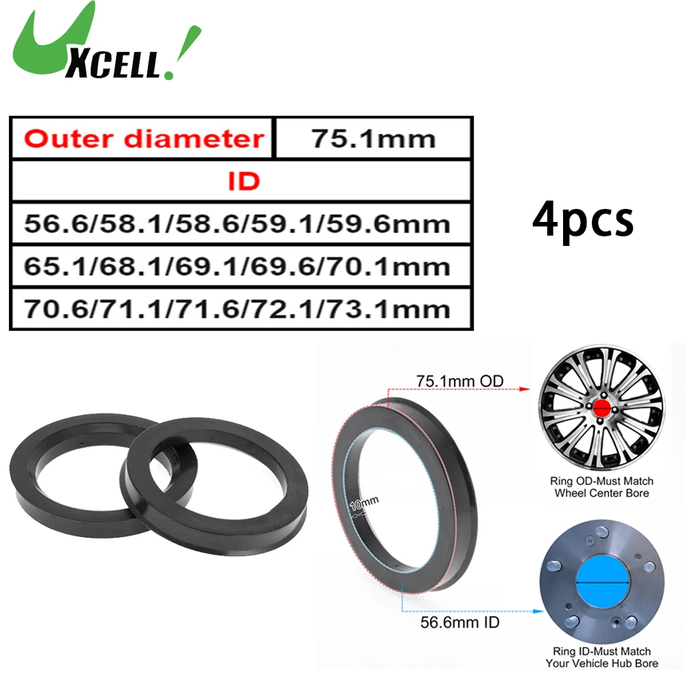 

UXCELL 75.1mm to 56.6mm Car Wheel Hub Centric Rings Black Polycarbonate Wheels Center Shaft Shock Absorbing Hubrings 4 Pcs