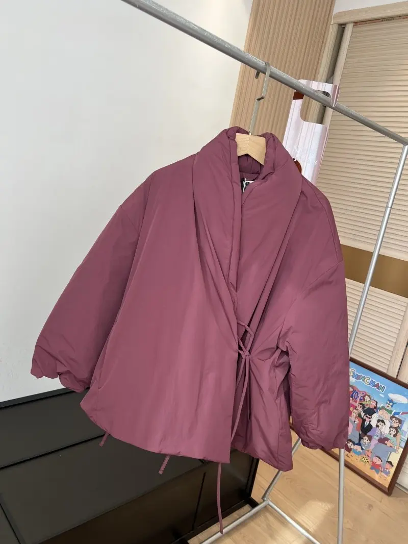 Winter Stand Up Collar Lace-Up Cotton Jacket French Casual Fashion Loose Solid Color Simple Women Thicken Padded Overcoat