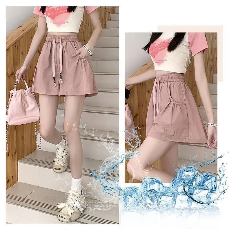 Pantalones cortos deportivos cargo de secado rápido para niñas, pantalones de pijama informales holgados, corte en A, cintura alta, pierna larga, especias, novedad de verano 2024