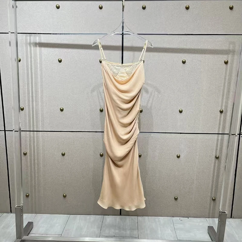 Vestido de emenda de camada dupla de strass quente feminino, moda sexy plissado halter vestido longo, vestidos de alta qualidade, primavera, novo,