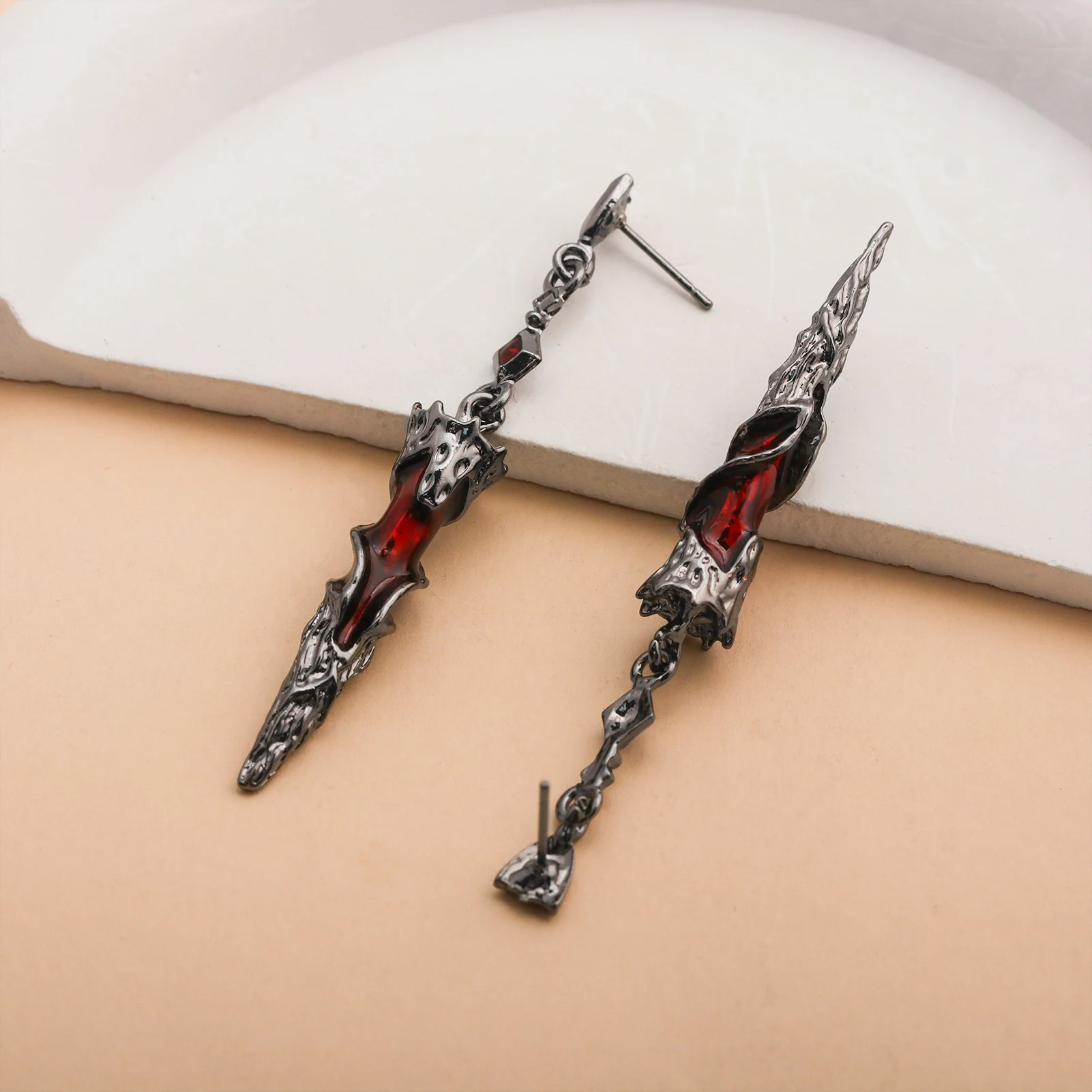 Gothic Black Red Feather Drop Earrings Punk Zircon Geometric Tassel Dangle Alternative Jewelry Gift For Men Women