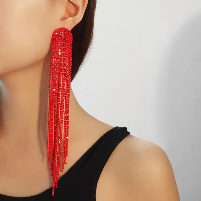 Evening Wedding Brial Party Long Tassel Earrings for Women Red Blue Green Crystal Chain Dangle Earrings AliExpress 36