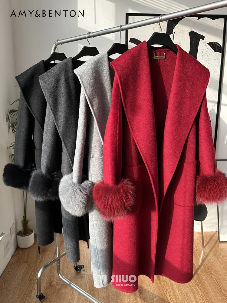 High-Grade Fox Fur Stitching Long Sleeve Large Lapel Double-Sided Wool Coat Women Winter New Elegant Loose All Match Jackets