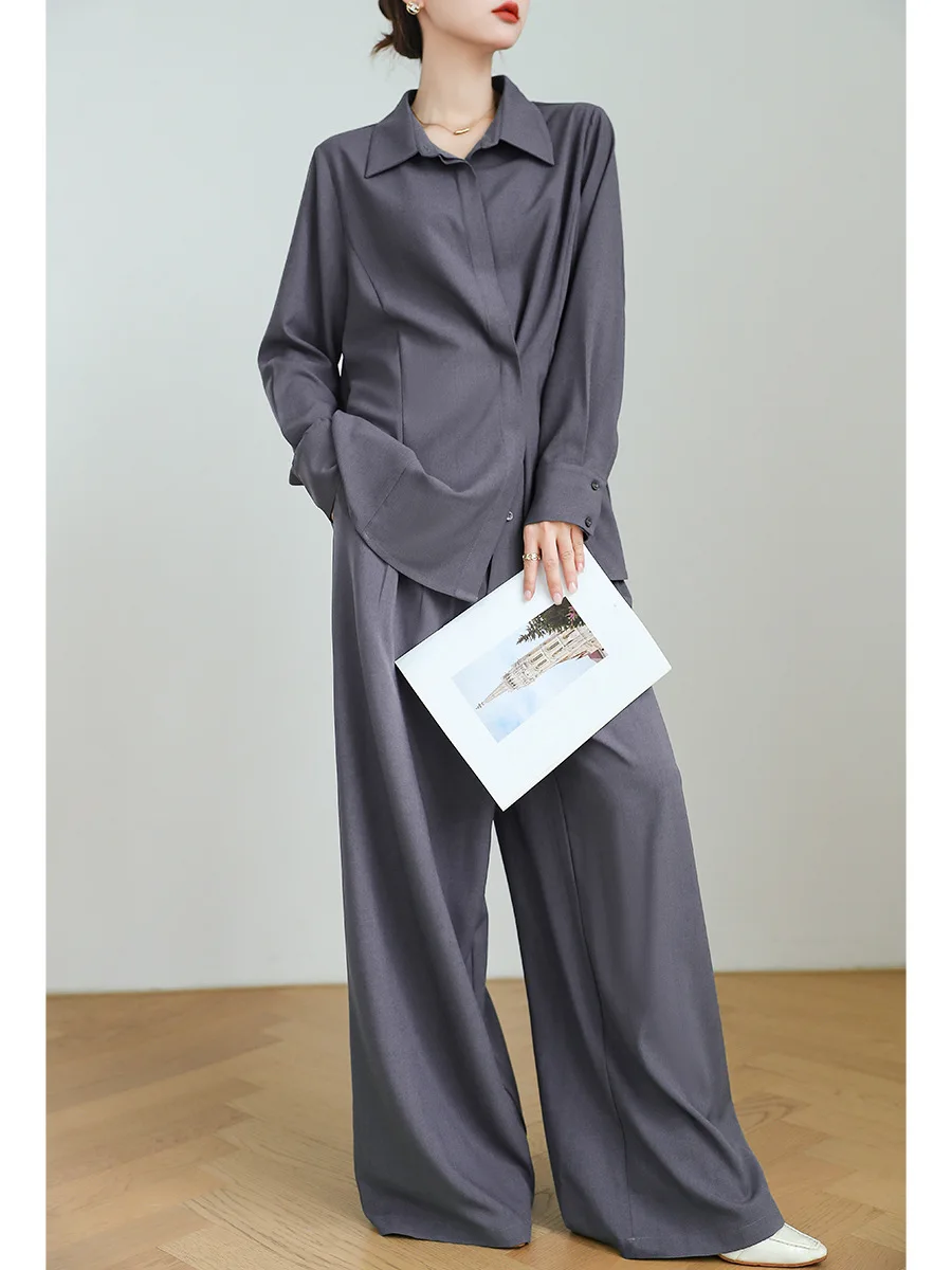 SuperAen Autumn Single Breasted Oversize Women's Grey Shirts Full Length Wide-leg Pants Retro Casual Two-piece Sets