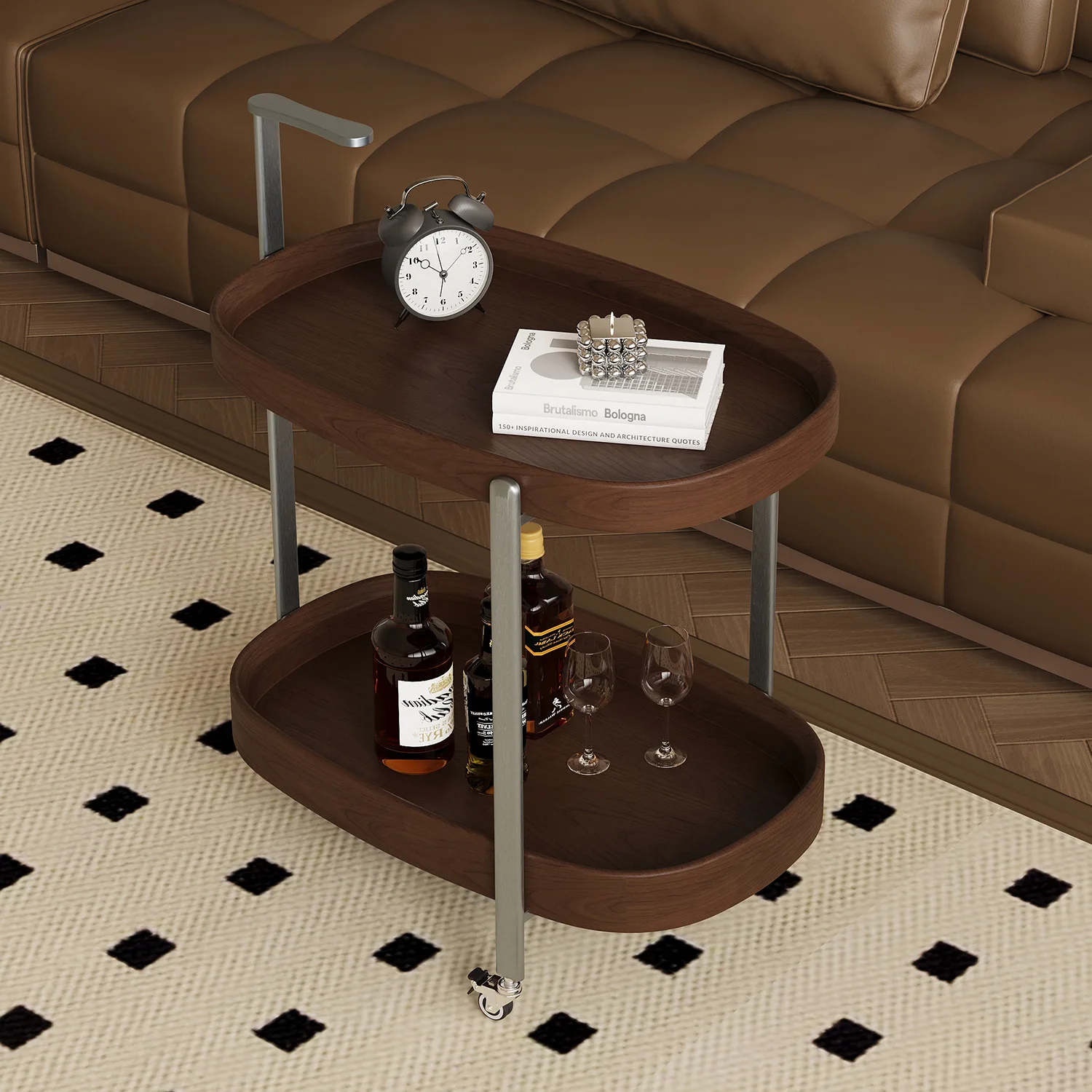 Wheeled rack, coffee table, living room, mobile sofa, ash wood trolley, corner bedside table