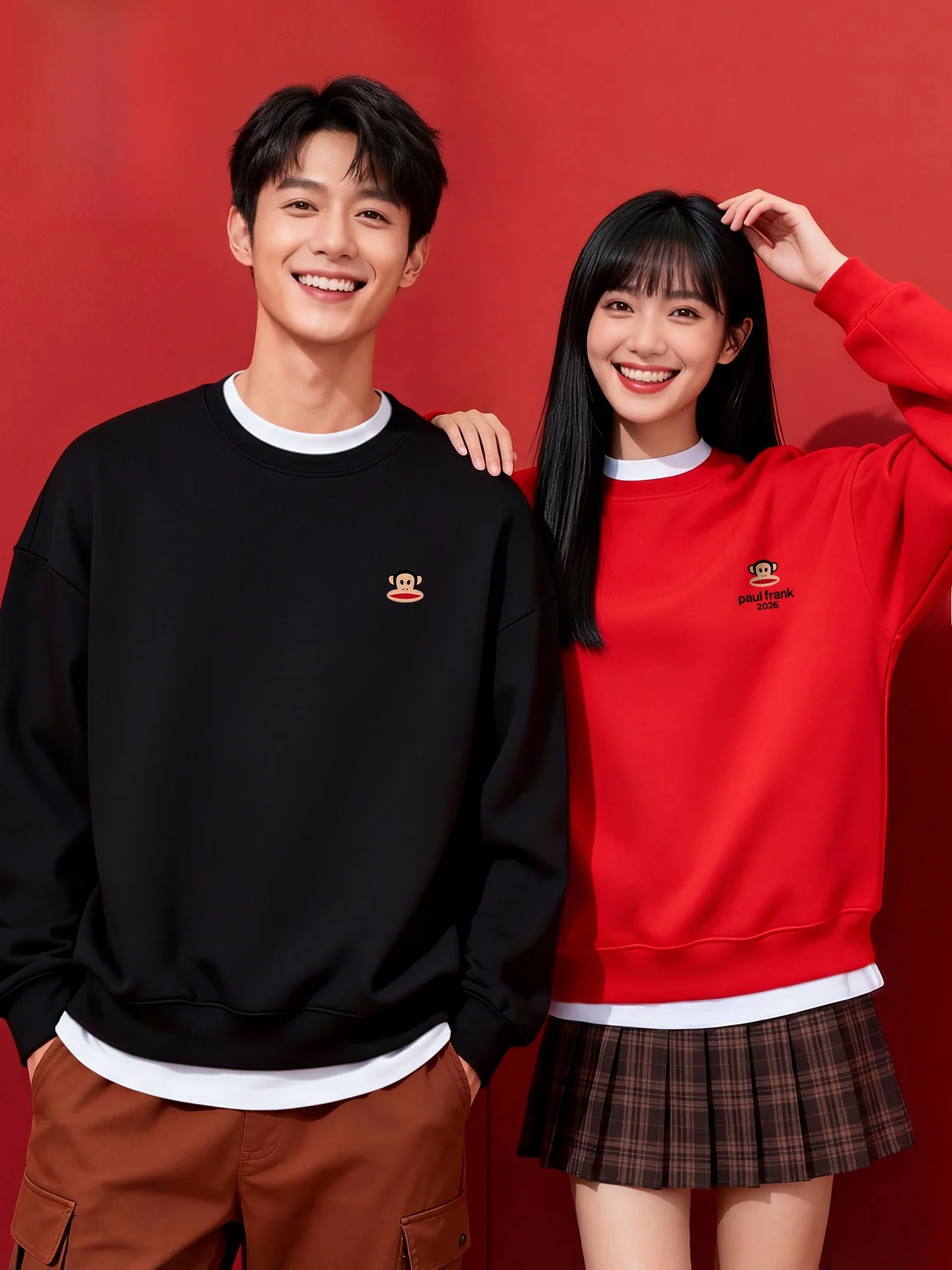 

Winter Thermal Hoodies ex Red Fce Lined Monkey Print Casual Long Sve round Ne Sweatirts for Youth