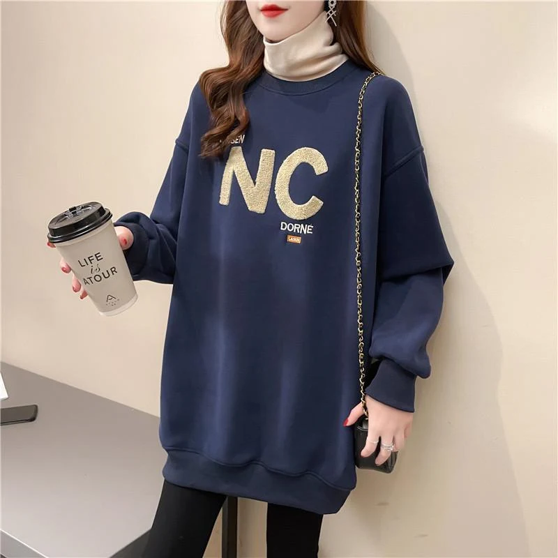 Autumn Winter High Collar Long Sleeve Fleece Thick Oversize Streetwear Female Sweatshirt Fake 2 Piece Letter Pullover Tops Women