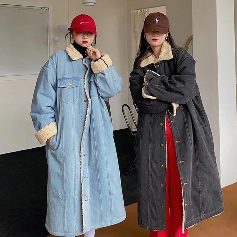 Lambwool Lined Long Denim Jackets Coats Tops Korea Fall Winter Casual Chaquetas Loose Casaco Streetwear Vintage Women Jaqueta