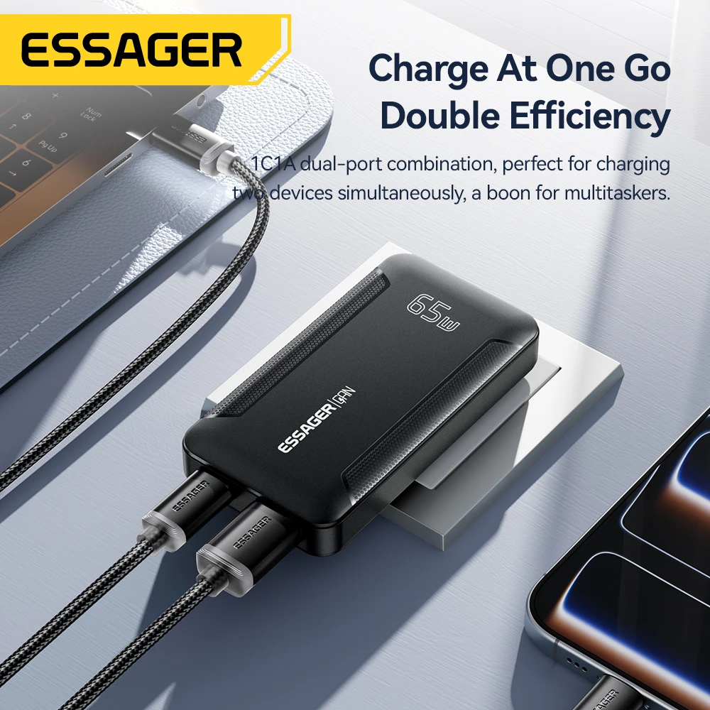 เครื่องชาร์จ Essager Ultra Thin 65W GaN Pro สำหรับเดินทาง รองรับ Quick Charge 4.0 และ PD3.0 แบบพกพา ช่องเสียบ Type C สำหรับ iPhone Samsung Macbook และแล็ปท็อป