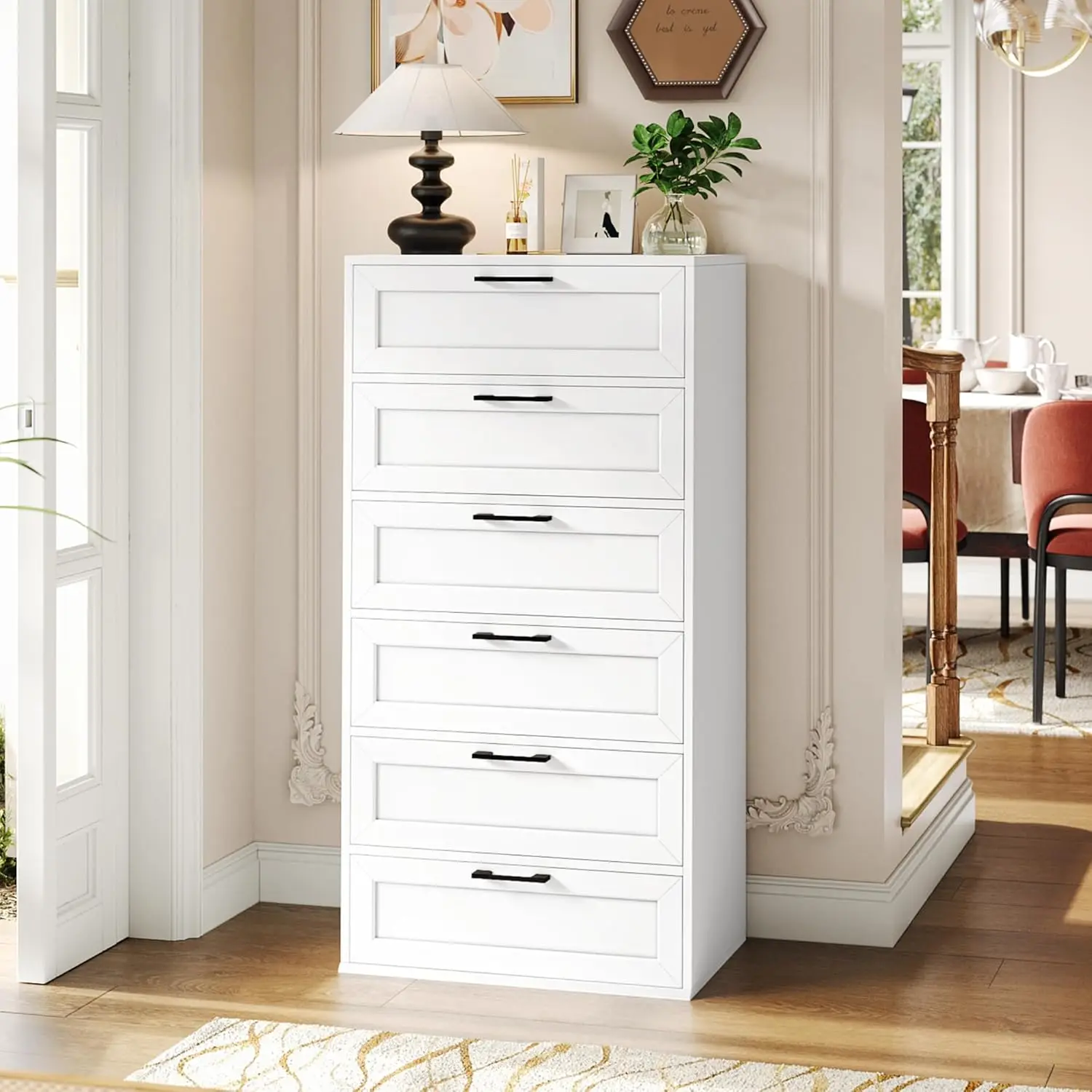 White Dresser with 6 Drawers, Trapezoidal Design Dresser Chest of Drawer for Bedroom, Wood Tall Dresser with Large Organizer