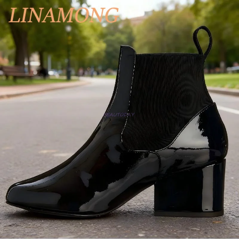 Knitted Leather Patchwork Short Boots Fashionable Patent Leather Shiny Surface Thick Heel Comfortable Handmade Ankle Boots