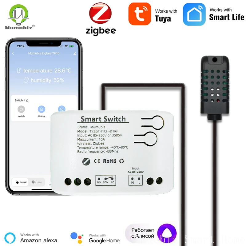 Tuya Smart TH10 Zigbee Switch z czujnikiem temperatury i wilgotności Pasywny suchy kontakt Przekaźnik Zigbee Współpracuje z asystentem domowym