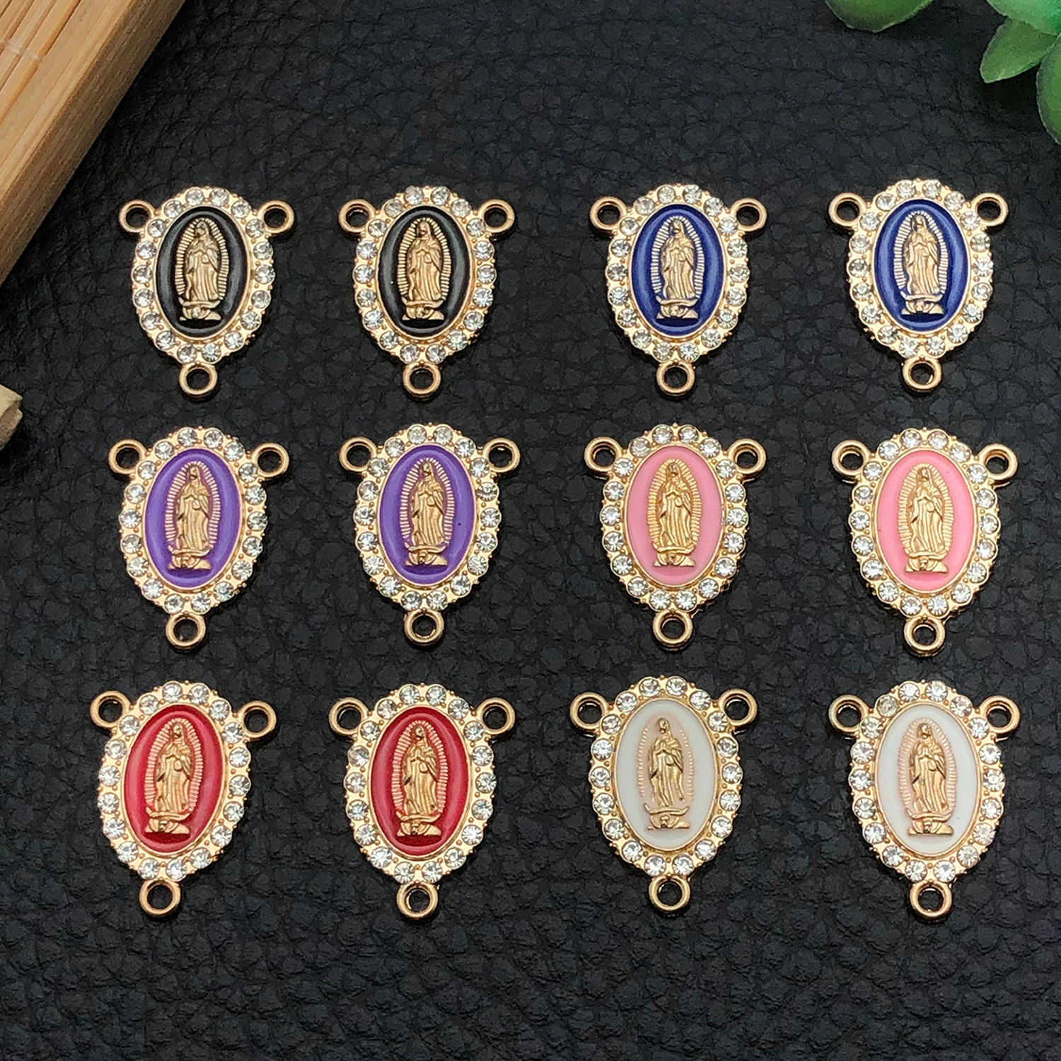  5/12 piezas de dijes de la Virgen María con pedrería de 6 colores, colgantes de aleación con tres agujeros, collar de moda, accesorios para la creación de joyas DIY