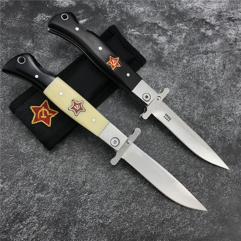 Russian Finka NKVD KGB EDC Manual Folding Pocket Black Ebony/Resin Handle 440C Blade Mirror Finish Outdoor Camping Knives