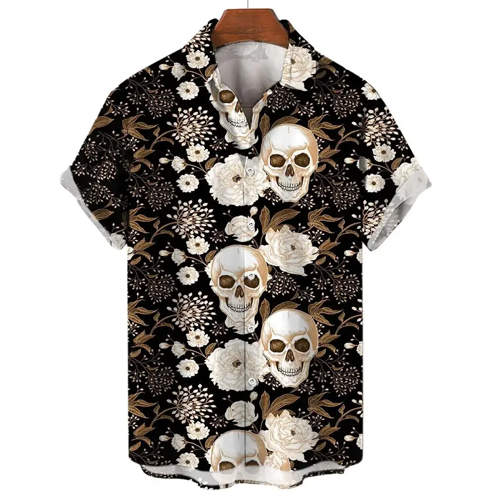 Rose Skull Print Shirt Men's Short Sleeve Shirt Summer Street Fashion Tops Men's Casual Oversized Shirt Size S-5XL