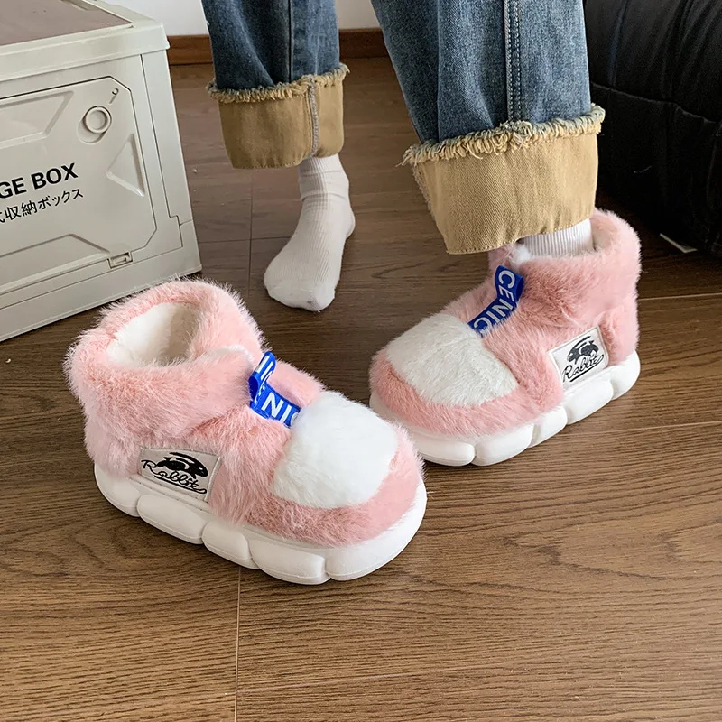 Chaussons d'intérieur doublés en peluche pour femmes et hommes, chaussures chaudes pour couples, talon à plateforme, bottes de neige hautes pour la maison, hiver, 2024