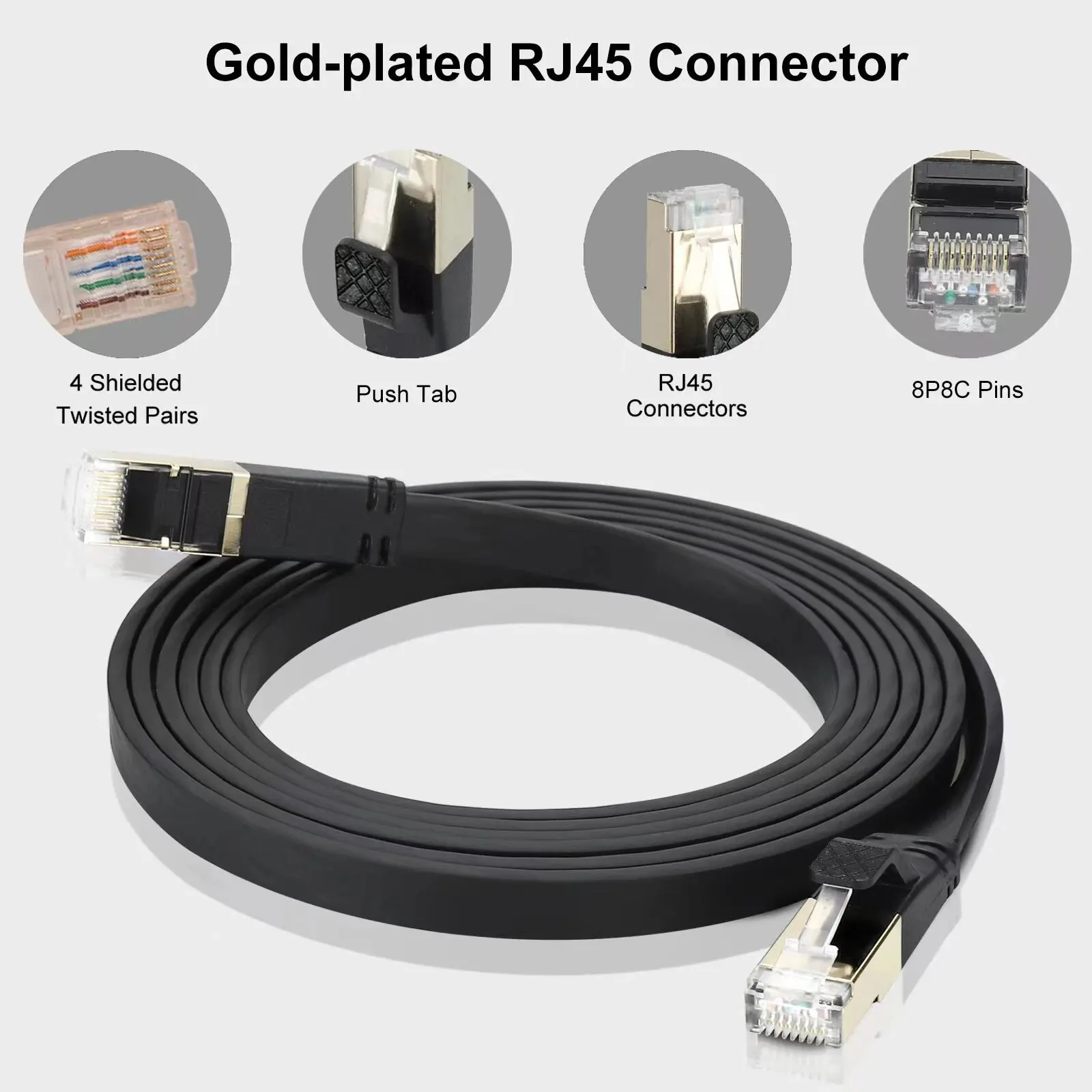 Cat8 Ethernet Cable Flat Lan Cable High Speed RJ45 40Gbps 2000Mhz For Home Networking Router Modem Computer PC And Laptops 1-10M