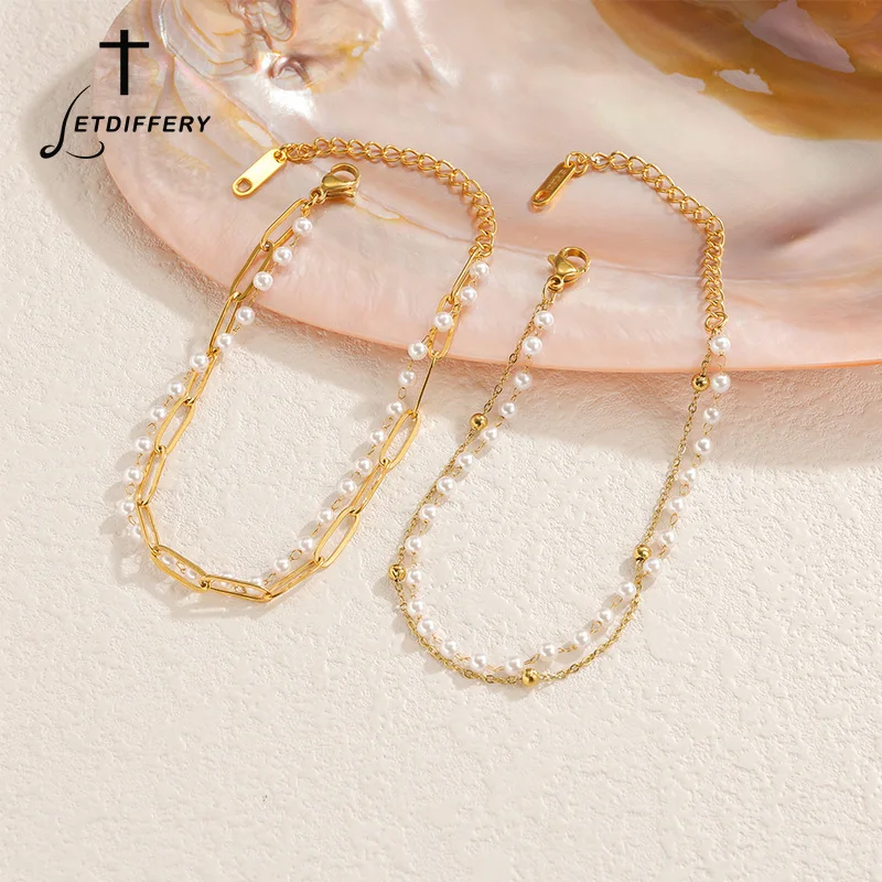 Letdiffery Fashion Double Layer Imitation Pearl Chain Bracelet for Women Stainless Steel Paperclip Link Chain Elegant Jewelry