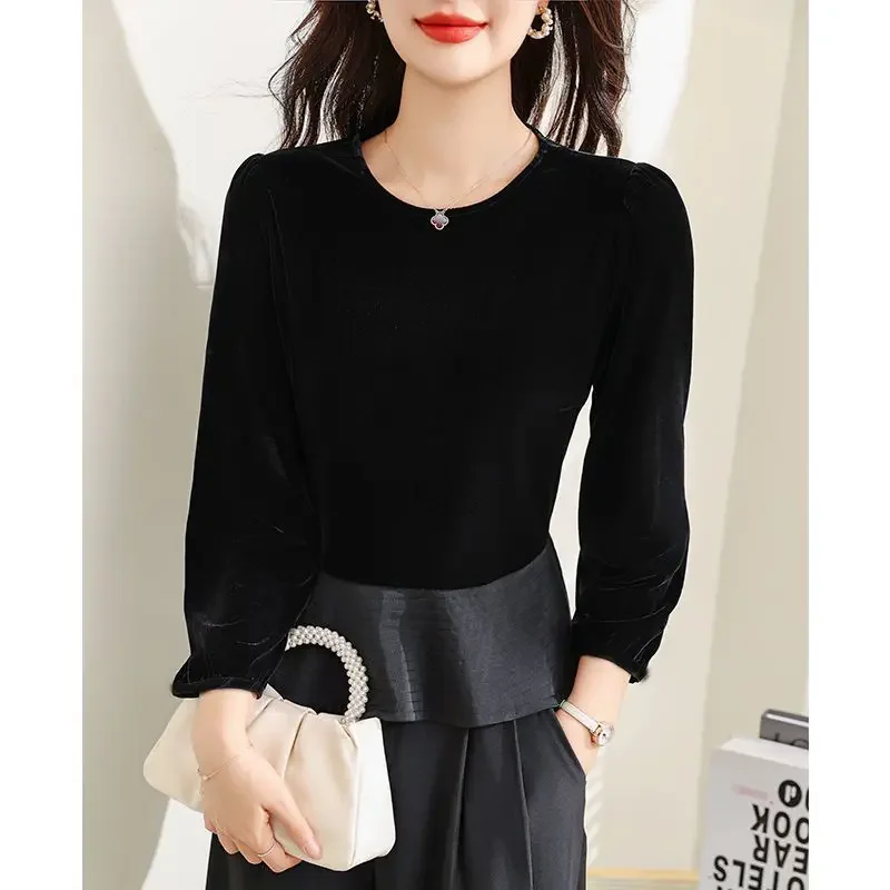 

Elegant O-Neck Spliced All-match Long Sleeve Blouse Women's Clothing Autumn Winter New Casual Pullovers Office Lady Shirt ZL208