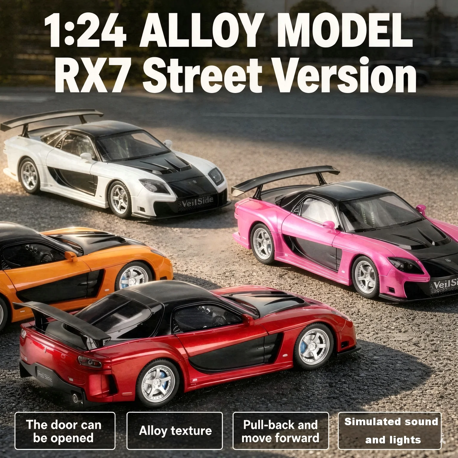 1:24 JDM RX7 Street Version Die-Cast Alloy Model Car with LED Light Sound Collectible Desktop Ornament for Teens Adults 14+ Gift