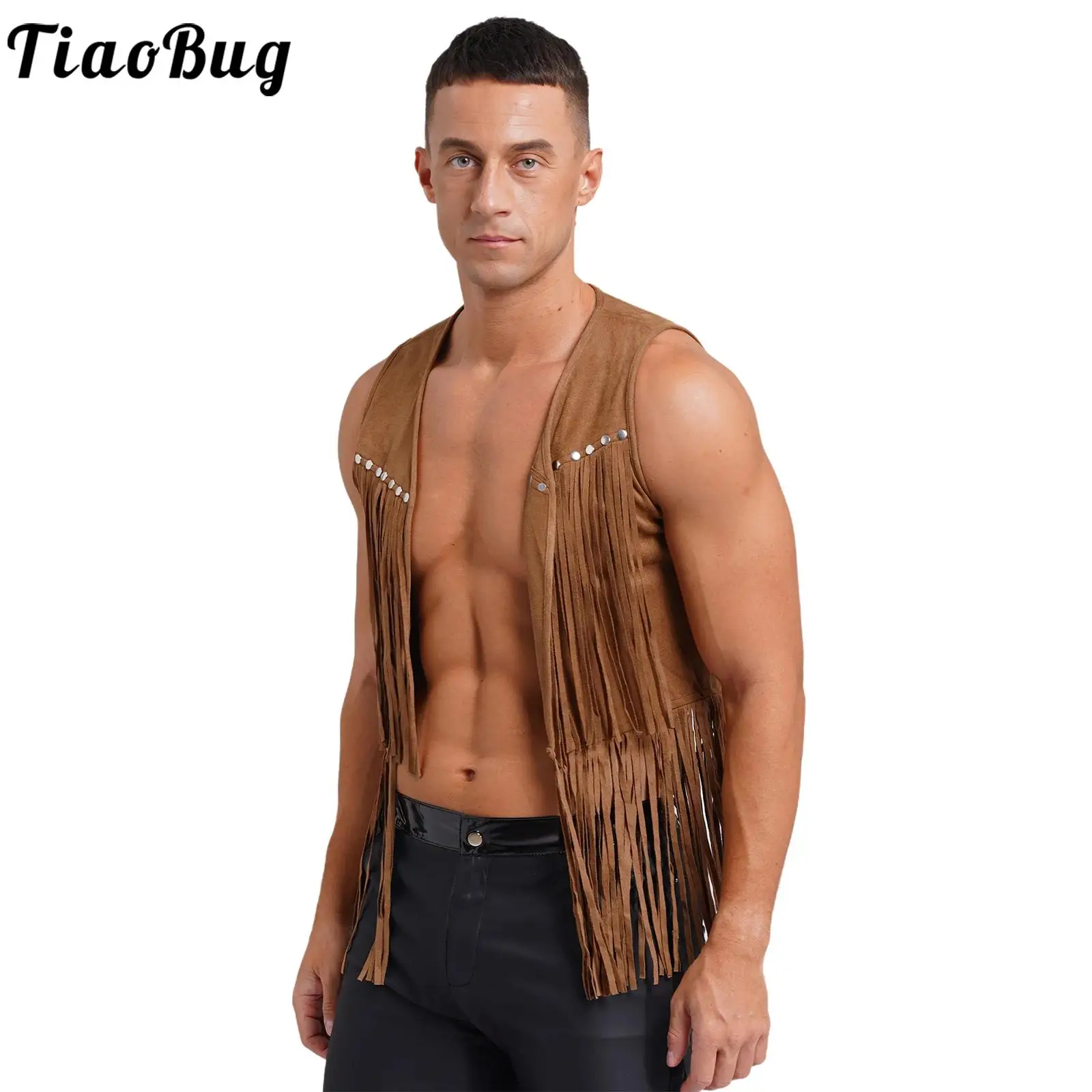 

Mens Western Cowboy Vintage Waistcoat Faux Suede Tassel Vest Open Front Rivets Fringe Jacket Carnival Rave Party Cosplay Costume