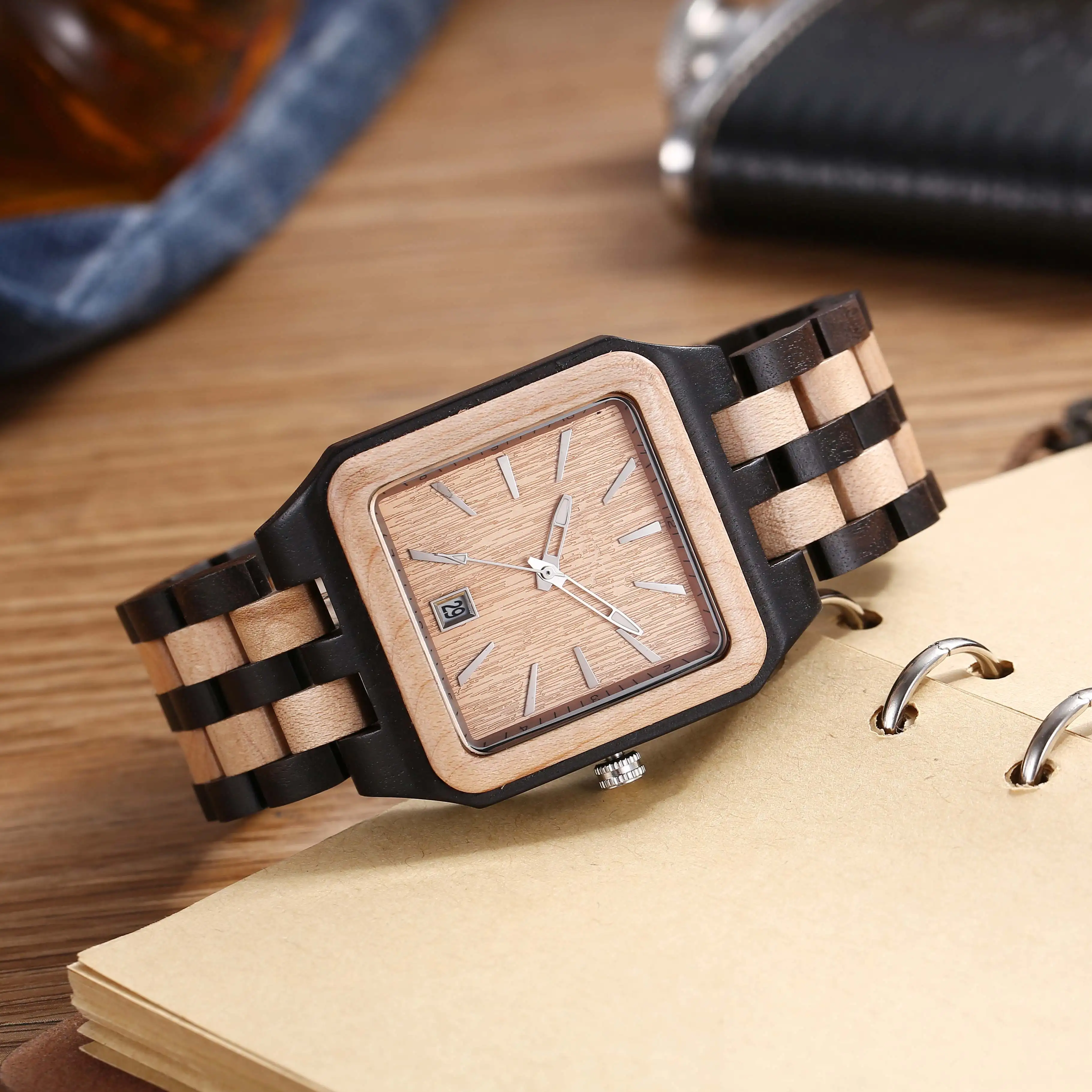 Men\'s Retro Simple Creative Lightweight Calendar Watch Dial Design Classic Fashion Pure Natural Wooden Square Watches