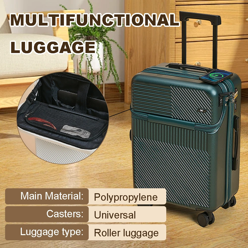 

20 Inch Trolley Suitcase Large Capacity Front Opening Boarding Box Secure Password Lock Expandable Hardside Luggage for Airplane