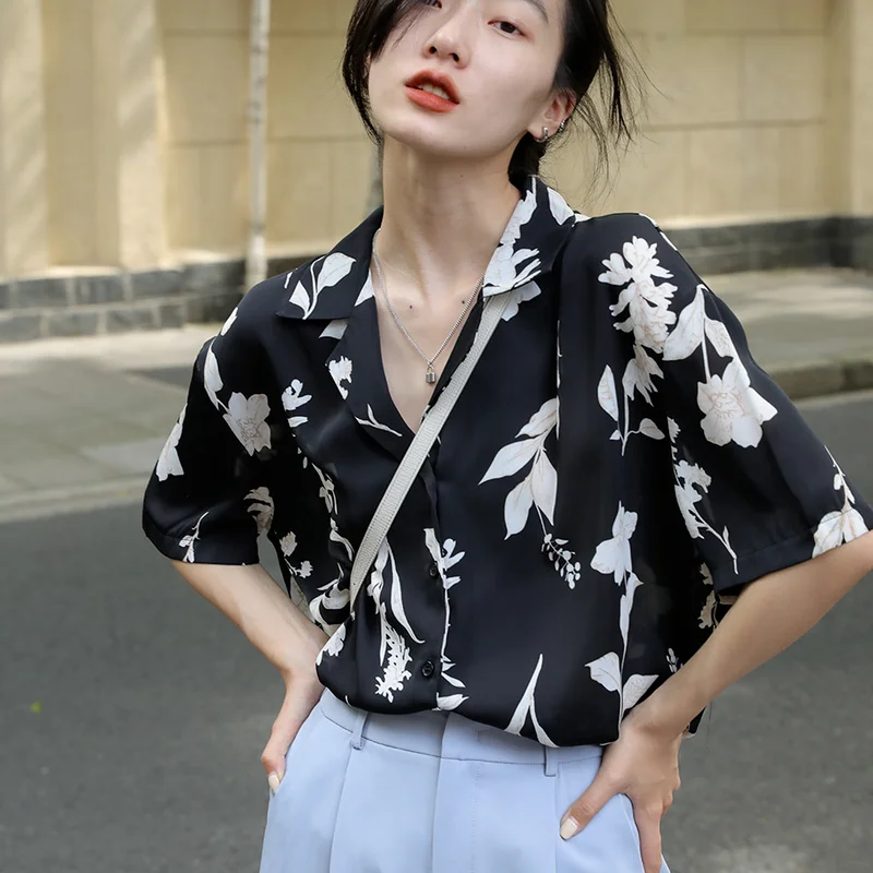 Shirts Women All-match Chiffon Vintage Print New Mujer Daily Camisas Summer Korean Style Students Friends Thin Sun-proof Retro