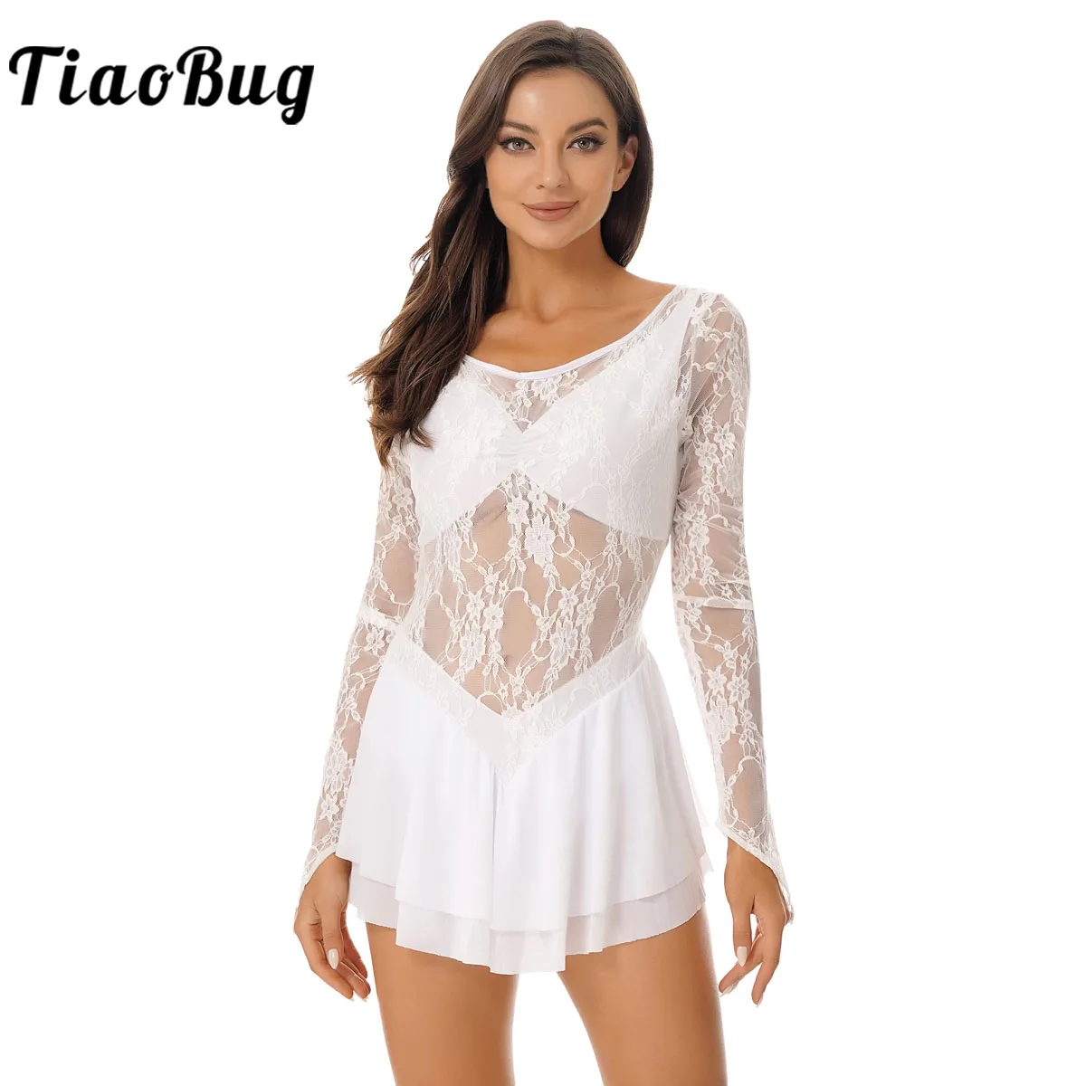 

Lace Ballet Gymnastics Leotard Dress Women Adult Long Sleeve Figure Ice Skating Dress Ballroom Competition Dance Costume