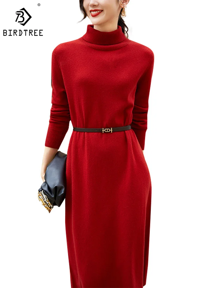 Birdtree 100%Pure Wool Christmas Red Knit Dresses Turtleneck Retro Elegant Lining Dress Paired With Coat Autumn Winter D3N174QM