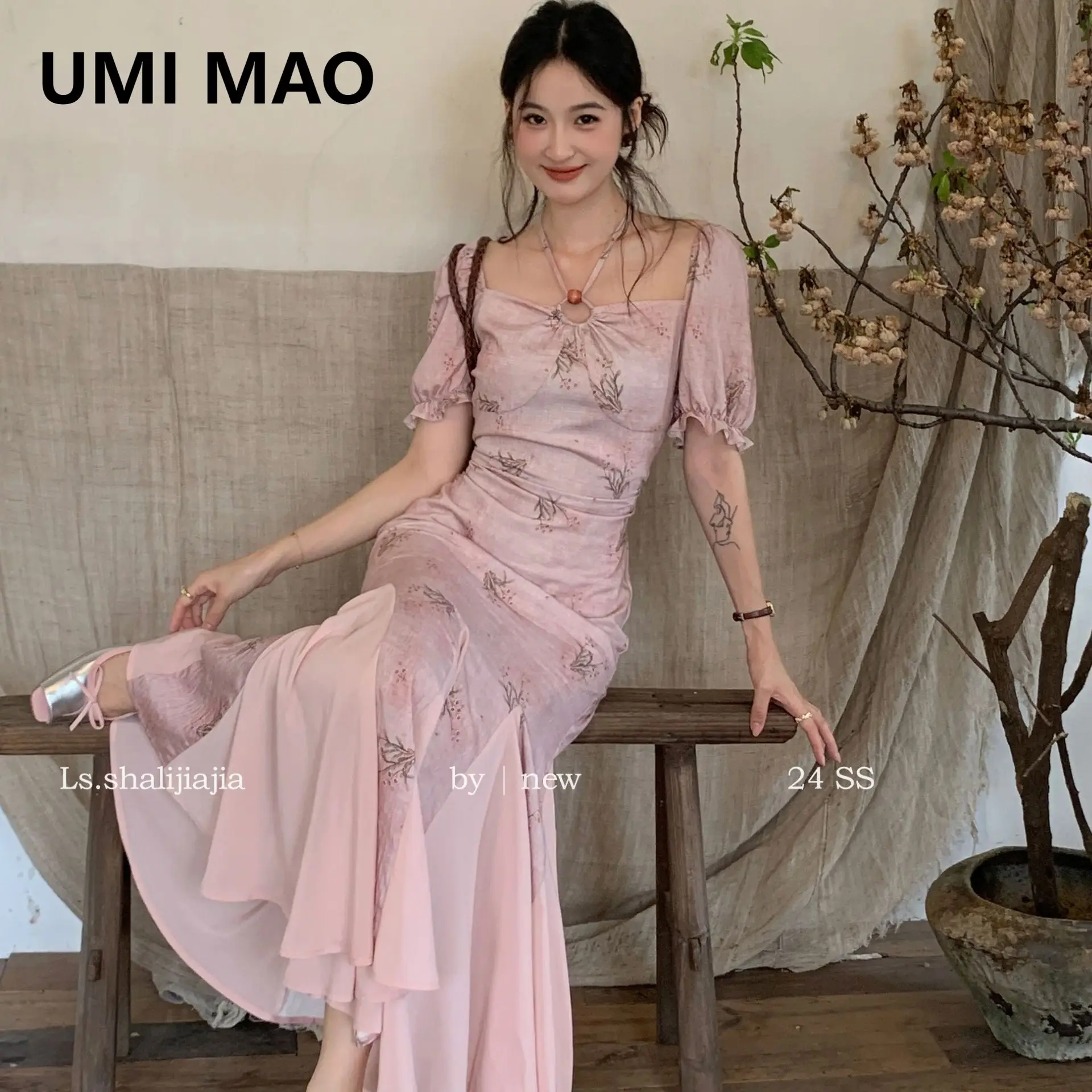 

UMI MAO Vacation Fragmented Flower Dress Elegant Femme 2024 Summer New Product Women's Wear Temperament Slim Fit Dresses Women