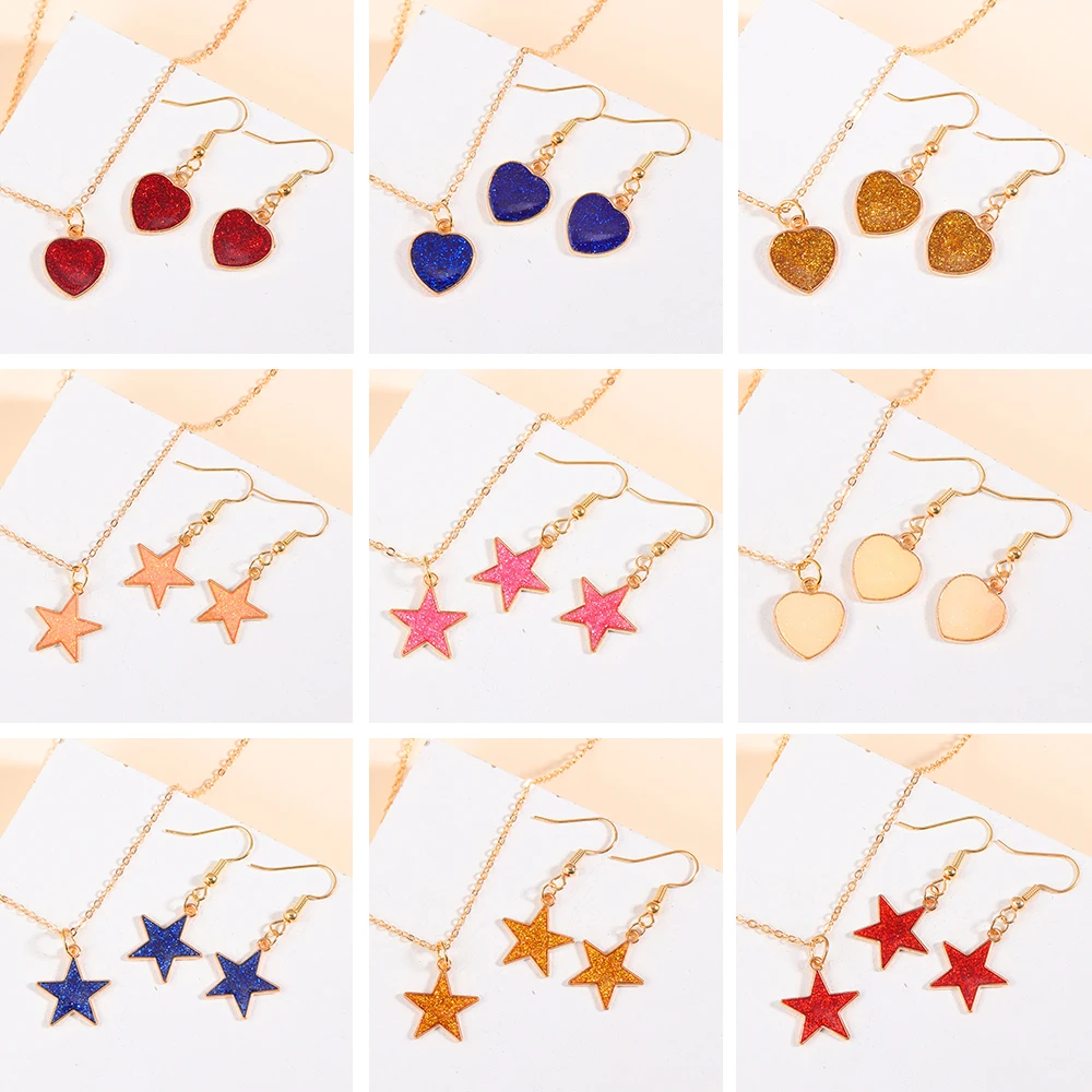 Lovely Enamel Dropping Oil Love Pendant Necklace Earrings Sweet Romance Valentine Heart Jewelry Set Gifts Party Souvenir