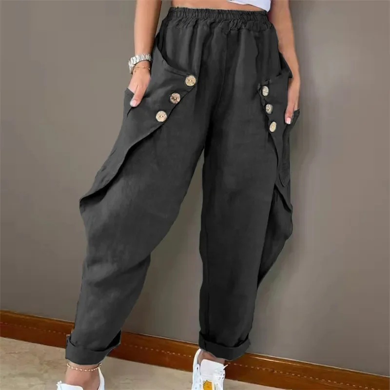European and American women\'s clothing 2024 summer new pants fashion pocket button waist casual pants YBF54-3
